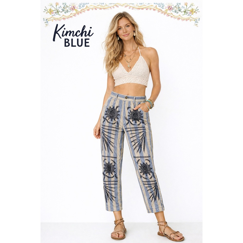 Kimchi Blue Urban Outfitters Embroidered Stripe Pants High Rise Boho Cropped